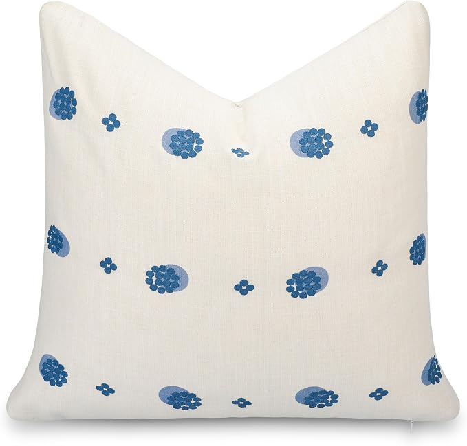 California Casual Coastal Indoor Outdoor Throw Pillow Cover, 20"x20" Water Repellent for Patio, Backyard, Couch, Poolside, Blue Ivory Cream Embroidered Striped Dots