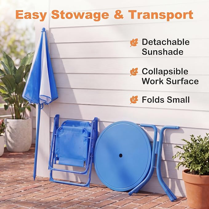 KOTEK Kids Picnic Table with Umbrella, Outdoor Table & 2 Folding Chairs, Cute Pattern Children’s Patio Furniture, Portable Kids Table and Chair Set for Backyard, Garden, Beach (Blue Ocean)