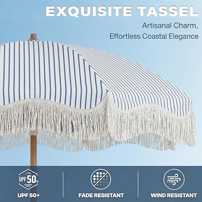 7FT Patio Umbrella with Fringe, Outdoor Tassel Umbrella with Fiberglass Ribs, Boho Beach Umbrella, Push Button Tilt and Carrying Bag, UPF50+