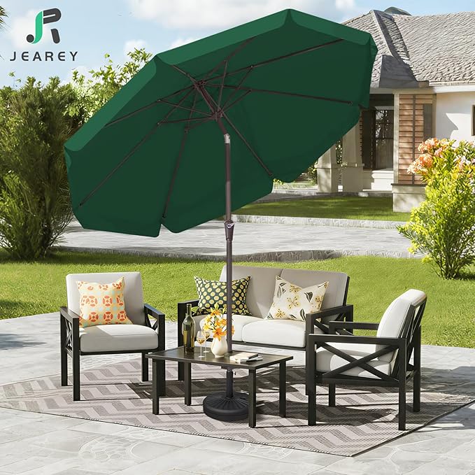 JEAREY 9 FT Patio Umbrella Outdoor, Table Umbrellas Market Umbrella w/Push Button Tilt/Crank, 8 Sturdy Ribs(Dark Green)