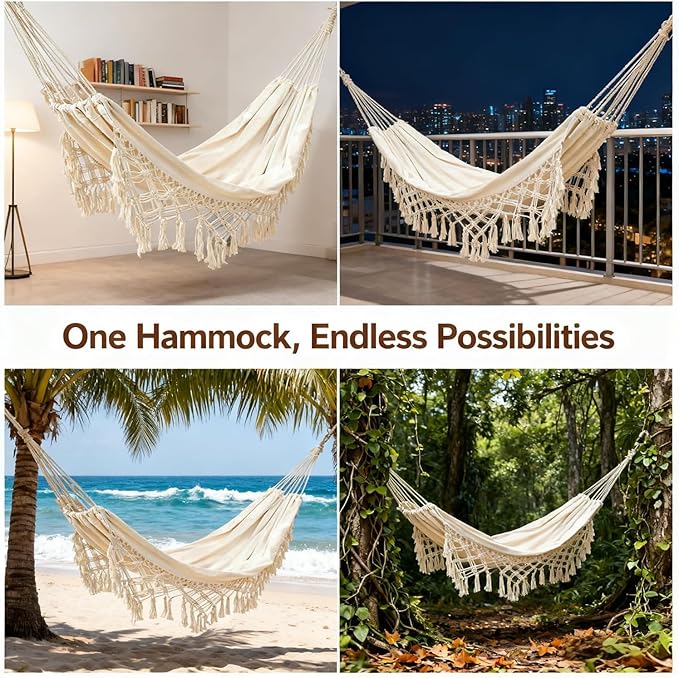 Goutime Double Hammock, Macrame Boho Cotton Hammock with Hanging Ropes, Portable for Camping Patio Backyard Indoor Outdoor,485LBS Capacity (Beige)