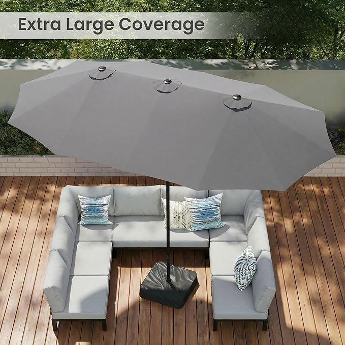 15ft Large Patio Umbrellas with Base Included, Outdoor Double-Sided Rectangle Market Umbrella with Stand, Outside Umbrellas for Poolside Lawn Backyard