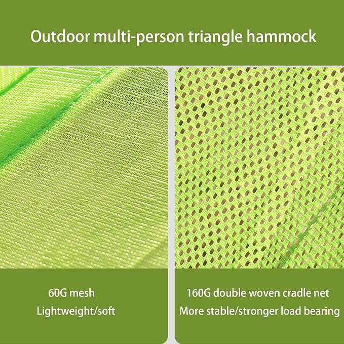 Multi-person triangular hammock, aerial camping hammock, suspended type, suitable for outdoor adventures, hiking, backyards, and gardens, includes straps, buckles, and storage bag (Black, 110in*110in)