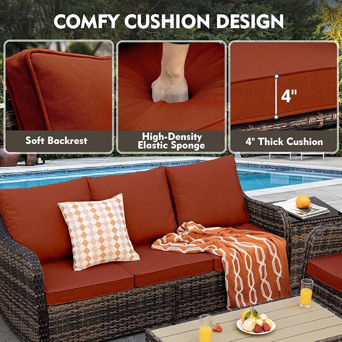 MEISSALIVVE Patio Furniture Set with Swivel Rocking Chairs, 10 Pieces Patio Conversation Set, Outdoor Wicker Sofa Couch with Waterproof Cushions for Lawn Backyard Porch (Red)