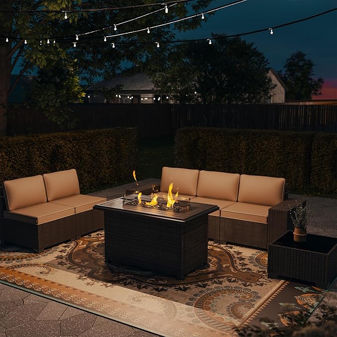 7 PCS Outdoor Patio Furniture Set,Outdoor Sectional Furniture with 43" 55000 BTU Gas Propane Fire Pit Table,All Weather PE Rattan Wicker Patio Conversation Set,Sand