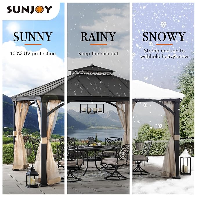 Sunjoy Hardtop Gazebo 11 x 13 ft. Outdoor Patio Black Anti-Rust Aluminum Frame, Double Tiered Gazebo with Ceiling Hook and Mesh Netting, Black