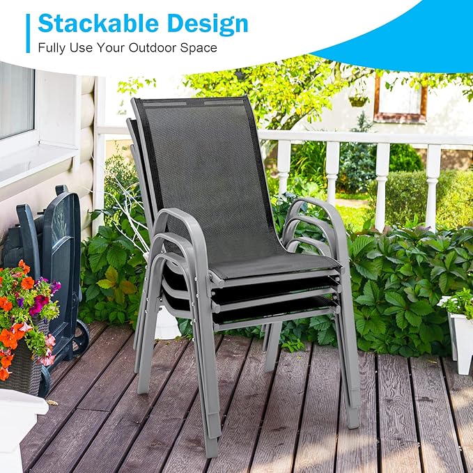 Tangkula 5 Piece Patio Dining Set for 4, Patio Furniture Set with Extendable Aluminum Table & 4 Metal Stackable Chairs, Outdoor Table and Chairs Set for Backyard Garden Deck