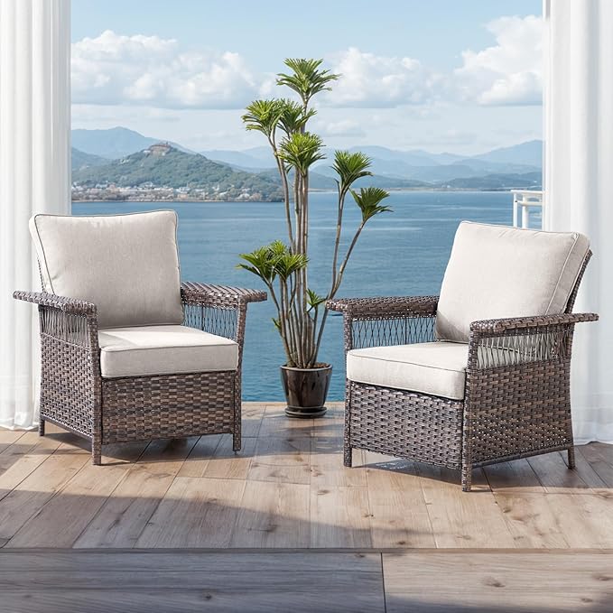 Outdoor Patio Chairs Wicker Chair - 2 Piece Rattan Patio Furniture Chairs Set with Sturdy Frame,All-Weather PE Wicker and Comfortable Cushions for Outside Porch Deck Balcony(Brown/Beige)