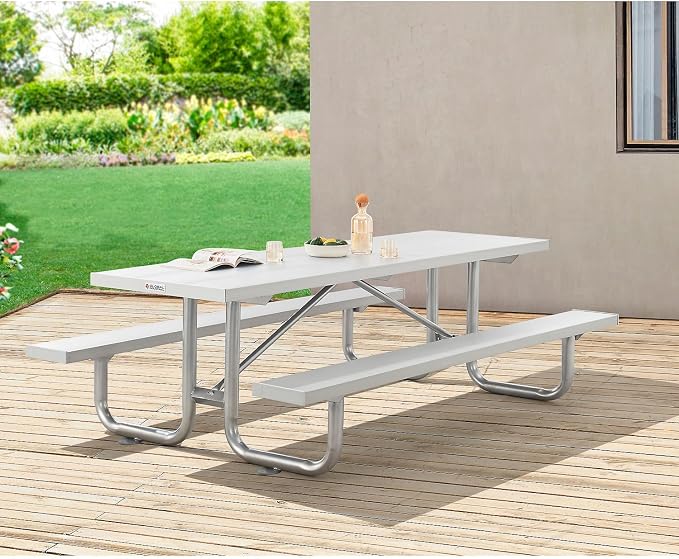 Global Industrial 8'L Heavy-Duty Outdoor Picnic Table, Anodized Aluminum with Steel Frame, 1400 Lbs Capacity, 96" L x 62" W x 30" H Overall, Portable or Surface Mount