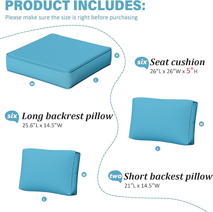 Outdoor Furniture Replacement Cushions, 5" Foam Foam High-Density, Fits 6-seat Sectional Rattan Conversation Set, 14 Piece Patio Water-Resistant Replacement Sofa Cushions, Liner&Cover