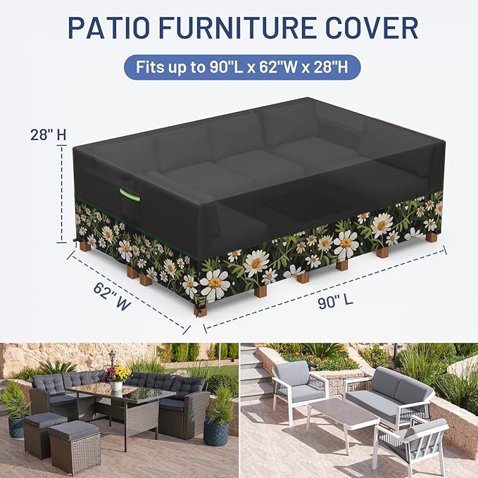 Patio Furniture Covers, Gorpche Outdoor Furniture Covers Waterproof, Tear-Resistant Patio Table and Chair Set Cover with Upgraded Fastener Windproof Buckle Straps, Heavy Duty, 90"L× 62"W×28"H, Floral