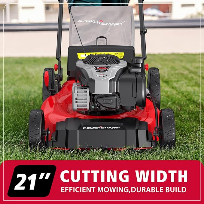 PowerSmart 21-Inch 3-in-1 Gas Self-Propelled Lawn Mower,140CC OHV Engine,Bagging/Mulching/Rear Discharging, 6 Cutting Heights, Durable Steel Deck, Rear-Wheel Drive, for Garden, Yard
