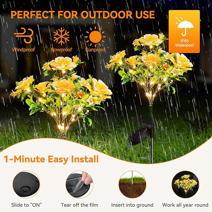 Neporal Solar Garden Lights Outdoor Waterproof IP65 4PK Dusk to Dawn Carnation Solar Flower Lights for Garden Decor Yard Decor Patio Decor, Garden Solar Lights Outdoor Gardening Gifts