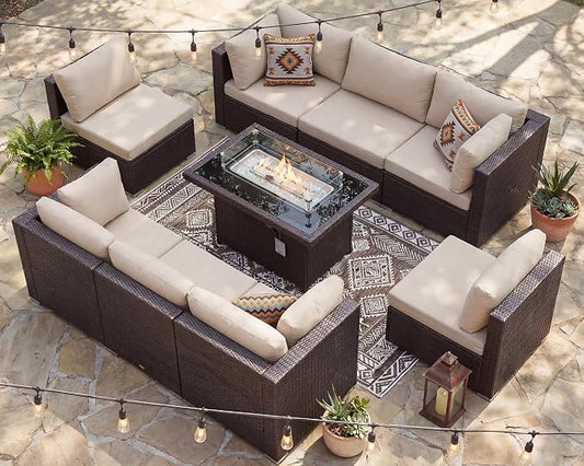 NICESOUL 9 Piece Patio Furniture Conversation Set, Extra Large Size Outdoor Rattan Sectionals with Fire Pit Table Natural Gas & Propane Convertible, 29.3'' High Back 8 Seater Deep Wide Sofa, Espresso