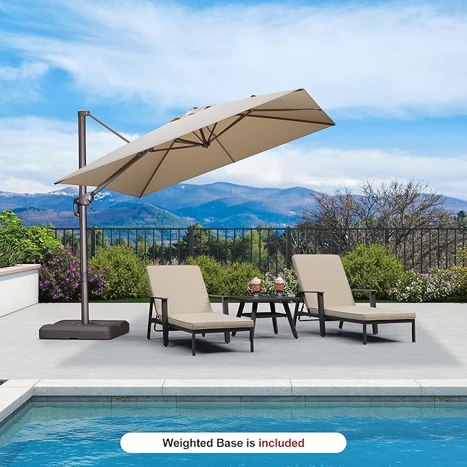 PURPLE LEAF 9' X 9' Patio Umbrella With Base Antique Bronze Square Cantilever Umbrella Outdoor with 360° Rotation and Aluminum Offset Hanging for Pool Deck Garden Backyard, Beige