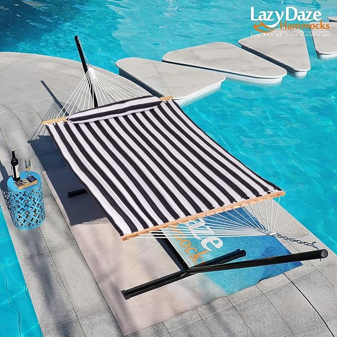 Lazy Daze Hammocks 12FT Quilted Fabric Double Hammock with Spreader Bars and Detachable Pillow, 2-Person for Outside Patio Poolside Backyard Beach, 450 lbs Capacity, Black White