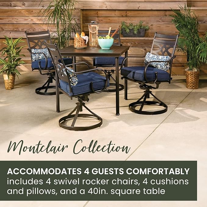 Hanover Montclair 5-Piece Outdoor Dining Set with Stamped Steel Square Dining Table and 4 Swivel Rocker Chairs with Cushions, Weather-Resistant Patio Dining Set for 4, Patio, Backyard, Deck