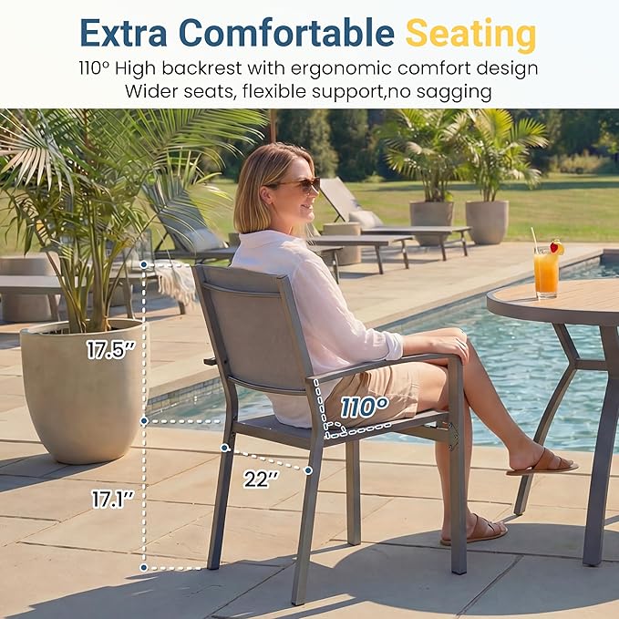 Patio Table and Chairs Set for 6, Outdoor Patio Furniture Set with Aluminum Table and Metal Textilene Chairs, All-Weather Outdoor Dining Set with HDPS Rectangular Tabletop for Garden Porch