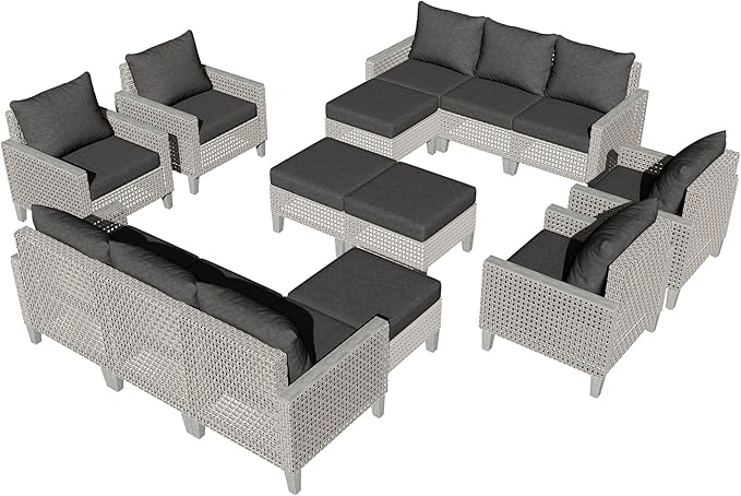 Outdoor Patio Furniture Set 14-Piece Modular Wicker Sectional Sofa with Ottomans and Thick Cushions, Modern Rattan Outdoor Conversation Couch for Garden Backyard, Black
