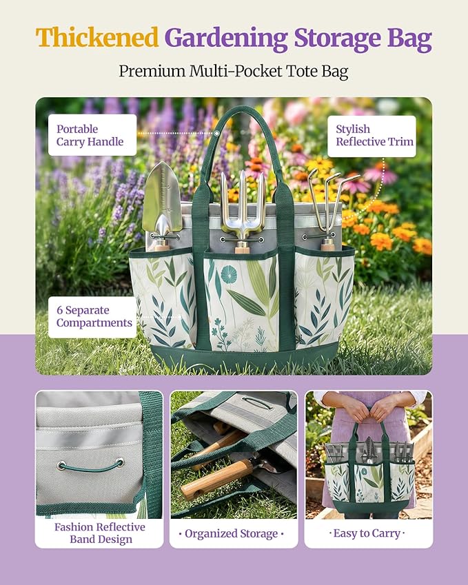 10 Pcs Garden Tool Set, Heavy Duty Stainless Steel Garden Tool with Ash Wood Handle, Rust-Proof Gardening Gifts for Women & Men, Includes Pruner, Weeder & Multi-Pocket Storage Tote Bag (Green)