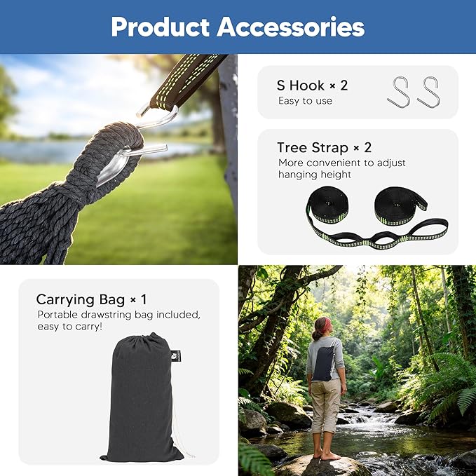 SUNCREAT Hammocks Portable Tree Hammock Swing with Spreader Bar, Tassel, 2 Person Hammock Without Stand, Dark Gray