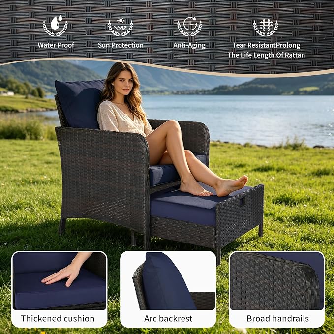 5 Pieces Patio Furniture Set, Rattan Outdoor Lounge Chairs with Soft Cushions,Outdoor Wicker Patio Conversation Set with Hidden Ottoman and Coffee Table for Porch, Garden, Backyard (Dark Blue)