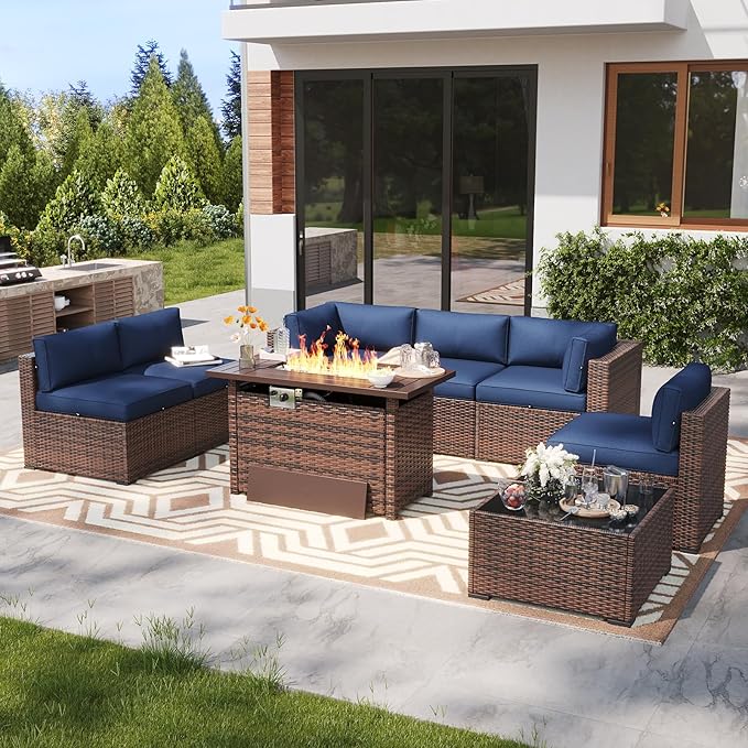 LazySunsets 8 Piece Outdoor Patio Furniture Set with 44'' Fire Pit Table, Outdoor Patio Furniture Set with Waterproof Cover, Wicker Rattan Outdoor Conversation Set for Backyard & Garden, Blue