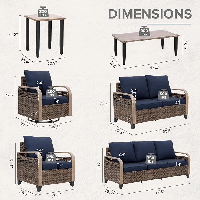 COOS BAY Modern Wicker Outdoor Furniture Set, 8 Piece Patio Conversation Set with 2 Swivel Rockers, 2 Patio Chairs, a 3 Seat Couch, a Loveseat, Coffee Table and Side Table, 8 Piece, Brown/Blue