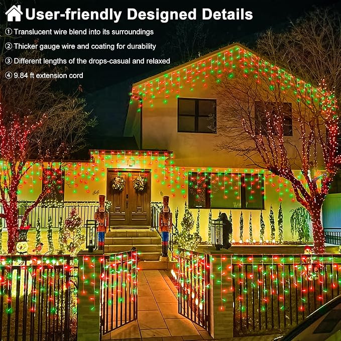 Red and Green Christmas Lights Outdoor Icicle Lights for Outside 66ft 640L | Clear Wire Connectable Twinkle String Lights 8 Modes Timer Waterproof for House Window Party Tree Holiday Patio Home Decor