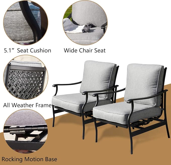 Patio Conversation Set Outdoor Furniture CSA Certification 50,000 BTU 33.9 Inch Propane Fire Pit Table Sets with Rocking Chairs (5 Pcs,Grey)