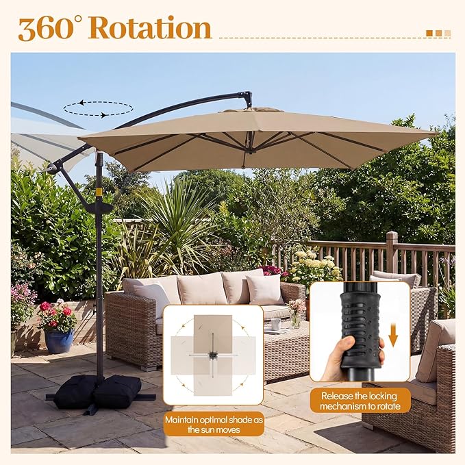 Tangkula 8x8 FT Patio Umbrella with Base Included, Square Offset Cantilever Outdoor Umbrella with 360 Degree Rotation, Crank Handle, Sandbags, 8 Ribs for Pool Deck Garden Backyard