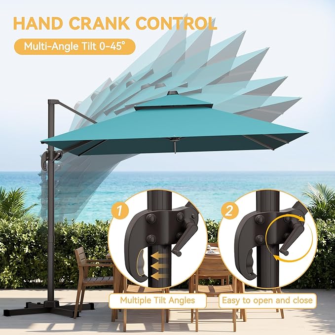 10x10 FT Patio Cantilever Umbrella (Base Not Included) (Base Not Included), Rectangular Heavy Duty Offset Umbrella for 6-8 People, 360°Rotation & Mult Tilt, Double Top Design, for Pool Garden Deck (Turquoise)