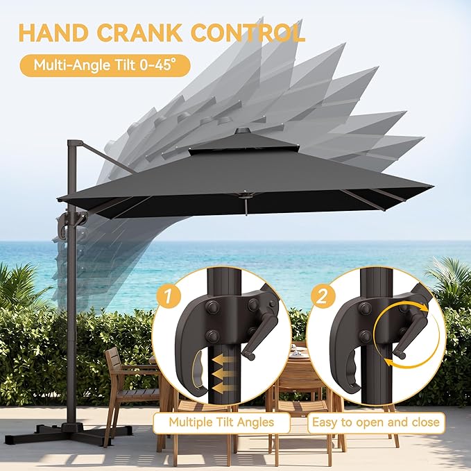10x13 FT Patio Cantilever Umbrella (Base Not Included) (Base Not Included), Rectangular Heavy Duty Offset Umbrella for 8-10 People, 360°Rotation & Mult Tilt, Double Top Design, for Pool Garden Deck (Grey)