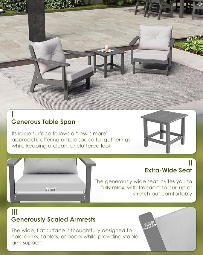 GREENVINES 3-Piece-Patio-Furniture-Set | HDPE Plastic | Outdoor Sectional Conversation Sets | All-Weather Couch | Sofa with Side Table | Detachable Armrests | for Deck Lawn | Gray