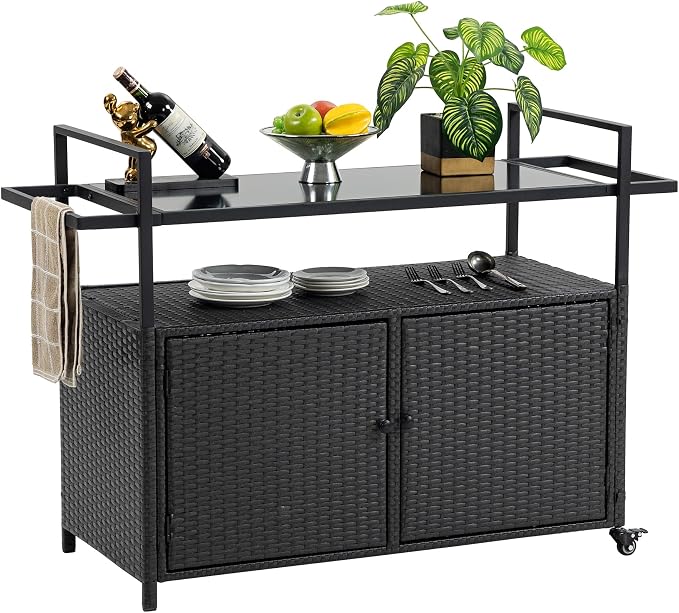 Outdoor Kitchen Island Wicker Rattan Bar Table, Glass Top Patio Serving Cart Rolling Bar Cart with 2-Tier Shelf & Cabinet for Patio Poolside Party (Black)