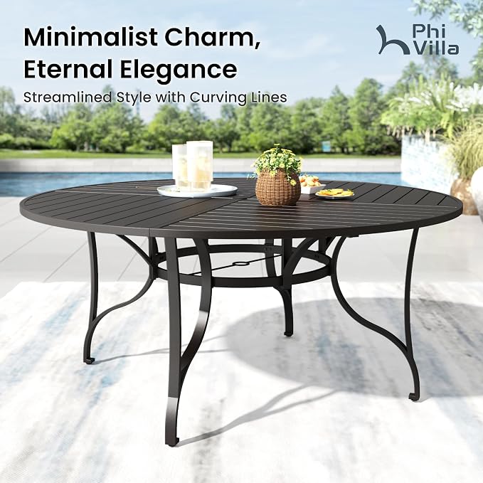PHI VILLA 9 Pcs Outdoor Dining Set, 67" Round Table w/Umbrella Hole | Metal Round Table&Stackable Wrought Iron Chairs, All Weather Large Furniture Set for Patio, Deck, Backyard, Porch