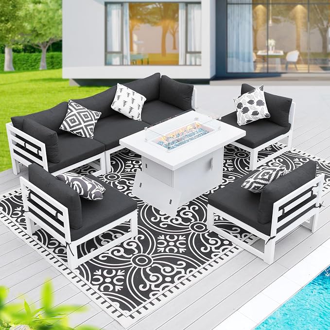 BULEXYARD 7 Piece L-Shaped Contemporary Aluminum Outdoor Furniture Set with Firepit, 29" Deep Wide Large Couch Set, 500 lbs High Weight Capacity Modular Patio Sectional Sofa for Garden Lawn, Dark Grey