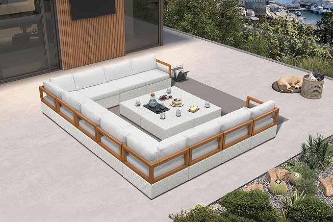 PURPLE LEAF Patio Outdoor Furniture Set 15 Pieces, Premium Leather Outdoor Couch Sectional Sofa, Patio Conversation Sets with Olefin Cushions, Patio Couch for Porch, Balcony, Garden, White