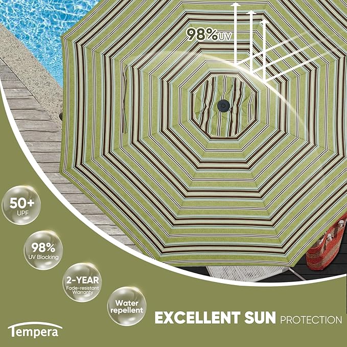 Tempera Patio Market Outdoor Table Umbrella with Push Button Tilt and Crank, Large Sun Umbrella with Sturdy Pole & Fade Resistant Canopy, Easy to Set