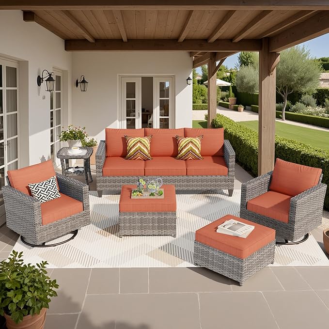 ovios 6 Pieces Patio Furniture Set, Outdoor Wicker Sofa Couch with Swivel Chairs, Rocking Glider Rocker with Comfy Cushions All Weather Rattan Conversation Set, Orange Red
