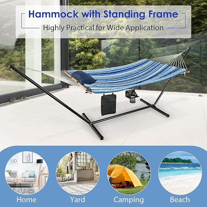 Giantex 12Ft Hammock with Stand, 2 Person Heavy-Duty Steel Hammock Stand, 450 lbs Capacity, Double Hammock Bed with Cotton Mat, Pillow, Cup Holder and Bag (Blue and Beige Striped)