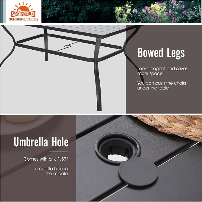 SUNSHINE VALLEY Patio Dining Set,60x38 Outdoor Table w/Umbrella Hole | Outdoor Table and Chairs Set w/ Umbrella Hole, 2 Leg Chairs, 2 Swivel Chairs, 1 Metal Table and 1 Cushioned Bench
