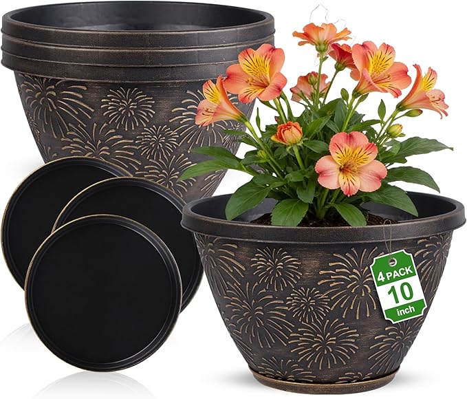 4 Pack 10 Inch Plant Pots with Drainage Holes and Saucers, Antique Gold Firework Embossed Resin Planters, Weather-Resistant Flower Pots for Indoor Outdoor Plants, Herbs, Pothos, Patio Home Decor