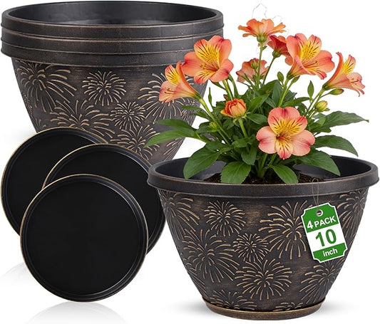 4 Pack 10 Inch Plant Pots with Drainage Holes and Saucers, Antique Gold Firework Embossed Resin Planters, Weather-Resistant Flower Pots for Indoor Outdoor Plants, Herbs, Pothos, Patio Home Decor