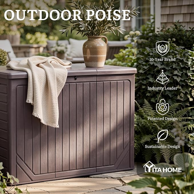 YITAHOME XXL 230 Gallon Extra Large Outdoor Deck Box, Lockable Resin Double-Wall Storage Box and Waterproof Patio Furniture Bin for Garden Tools & Pool Accessories, Brown