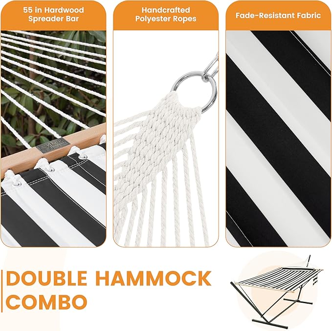 Lazy Daze Hammocks 2 Person Hammock with 12FT Stand for Outside, Quilted Double Hammock with Detachable Pillow, Balance Strap & Carrying Bag Included, 450lbs Capacity, Black Stripes