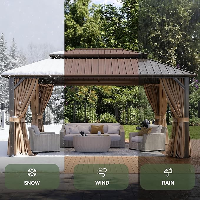 Aoxun 12x16 Gazebo Hardtop Gazebo with Double Galvanized Steel Roof Outdoor Metal Gazebo Pavilion with Breathable Netting and Privacy Curtain for Patio, Lawn, Deck, and Backyard (Brown)