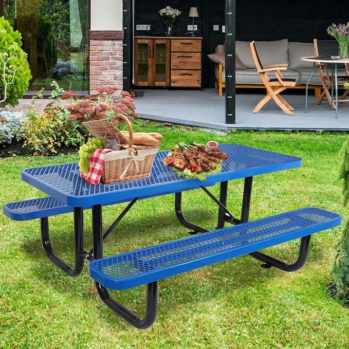 6 ft Outdoor Picnic Table with Umbrella Hole, Heavy-Duty Steel Frame, Rectangular Weather-Resistant Dining Table for Backyard, Patio & Garden, Blue