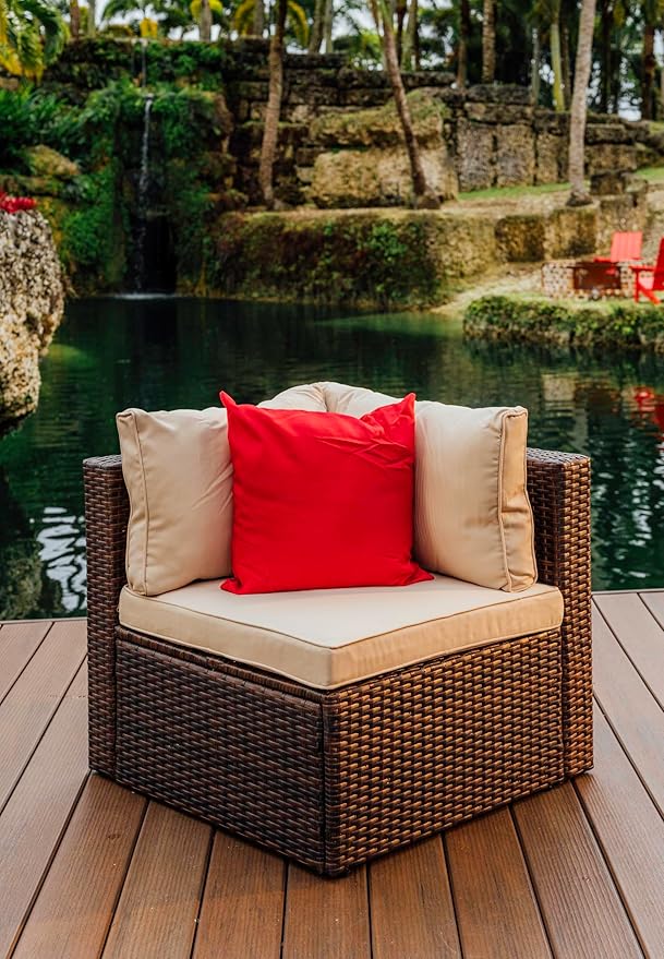 Nestl Outdoor Sectional Patio Furniture Set – 5 Piece Outdoor Patio Furniture Set with Outdoor Couch and Sectional Seating - Brown with Beige Cushions