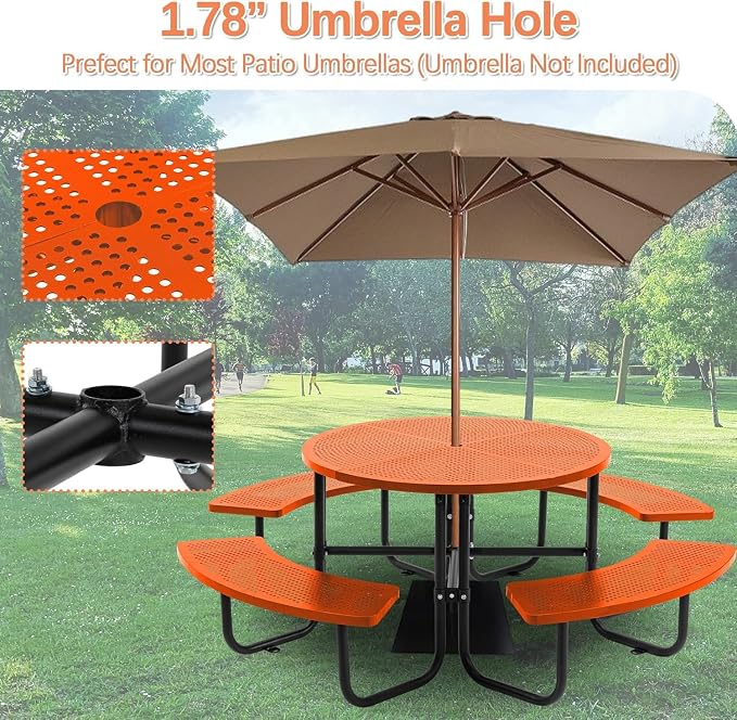 Coated Steel Heavy Duty Picnic Table for Outdoors 3200 lbs Load, Round Camping Table with Umbrella Hole up to 1.78", Commercial Picnic Table with Benches, Orange
